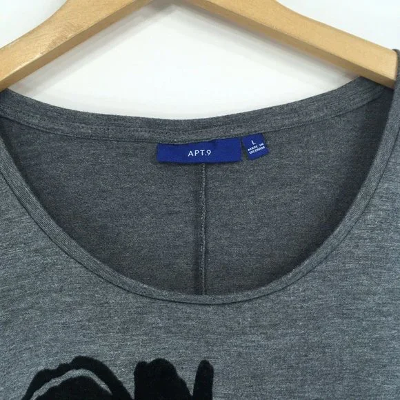 Apt 9 L Large Blouse Gray Black Floral Felt Sequin Print Dolman Drop Sleeve Grey - Picture 3 of 6